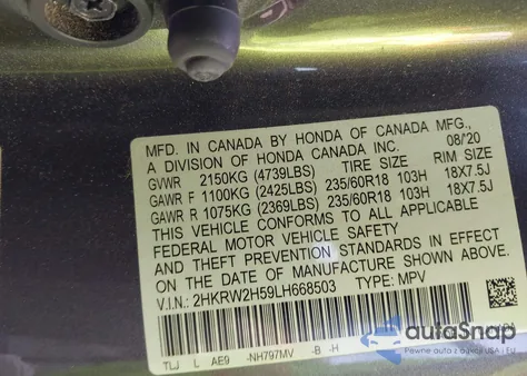 2020 Honda Cr-V Awd Ex z USA, uszkodzony, nr VIN 2HKRW2H59LH668503